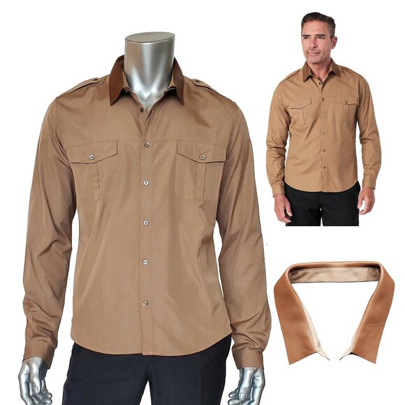 GUCCI DRESS SHIRT MENS COTTON POPLIN DUKE w LEATHER COLLAR  sz 44 17.5 - Picture 1 of 16